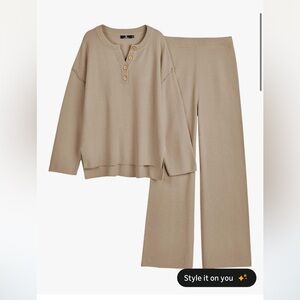 Cozy Beige Knit Button Henley Lounge Set